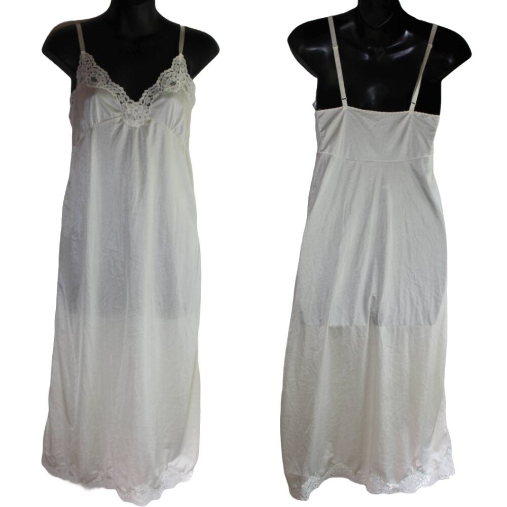 Vintage Contessa 1970's Shiny Semi Sheer Slip with delicate lace trim.